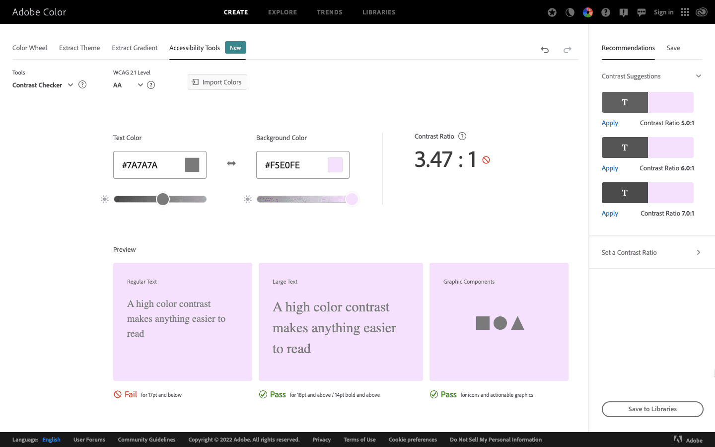 A screenshot of Adobe color's contrast checker