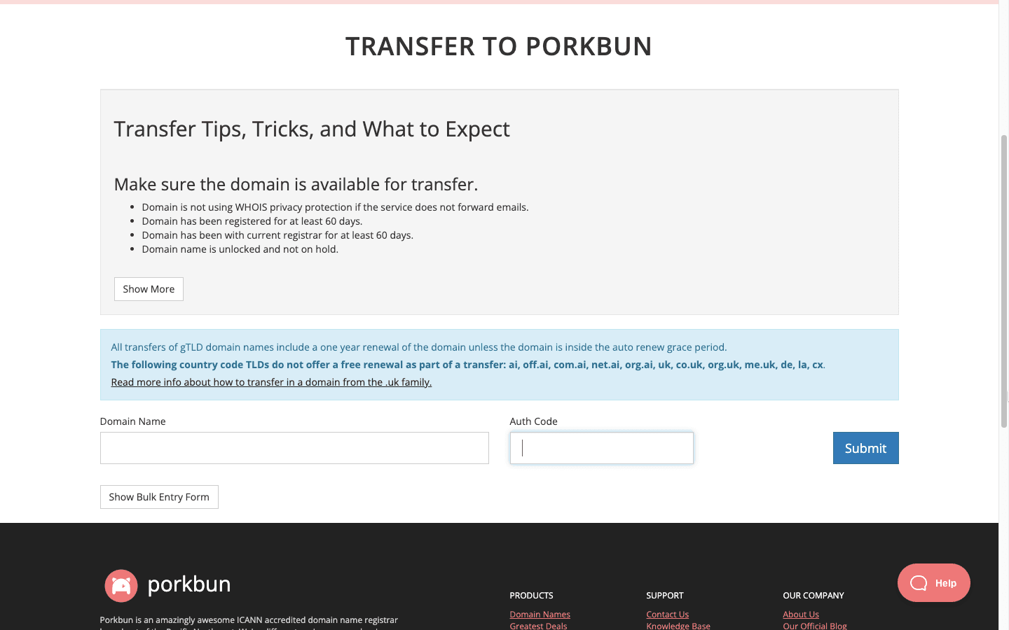 a domain name registrar's transfer page. There are 2 input fields one for the domain name the user wants to transfer and the other for the Auth code of the user's current registrar.