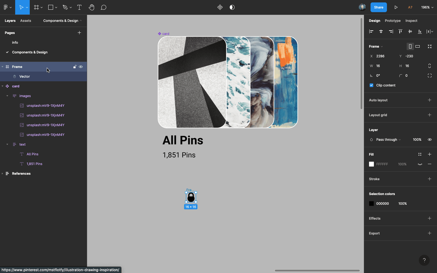 svg icon pasted in Figma under the card component