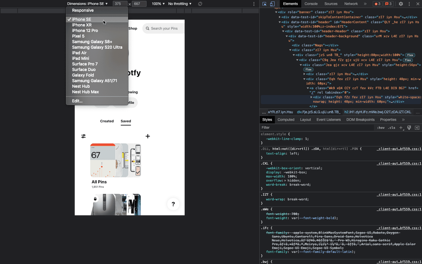 Inspector code on the right page on the left drop-down open with devices to select from