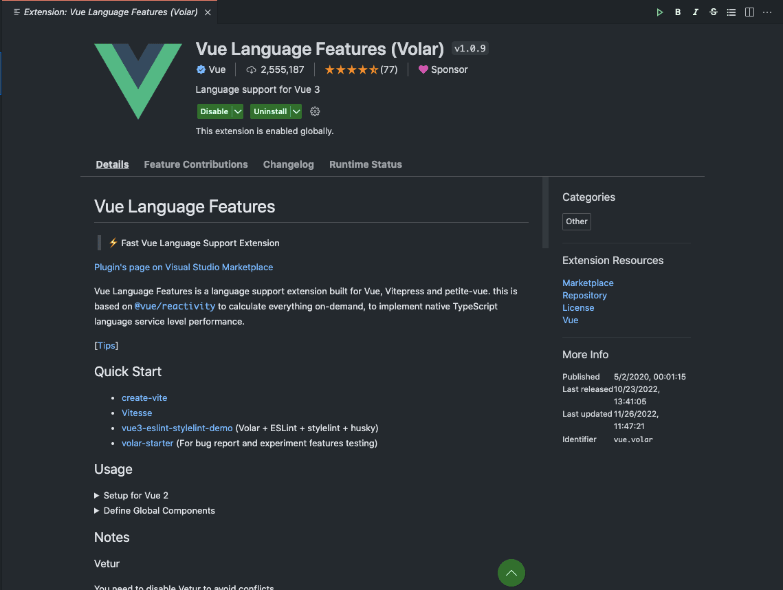 Volar(Vue Language Features) installed and enabled in VSC